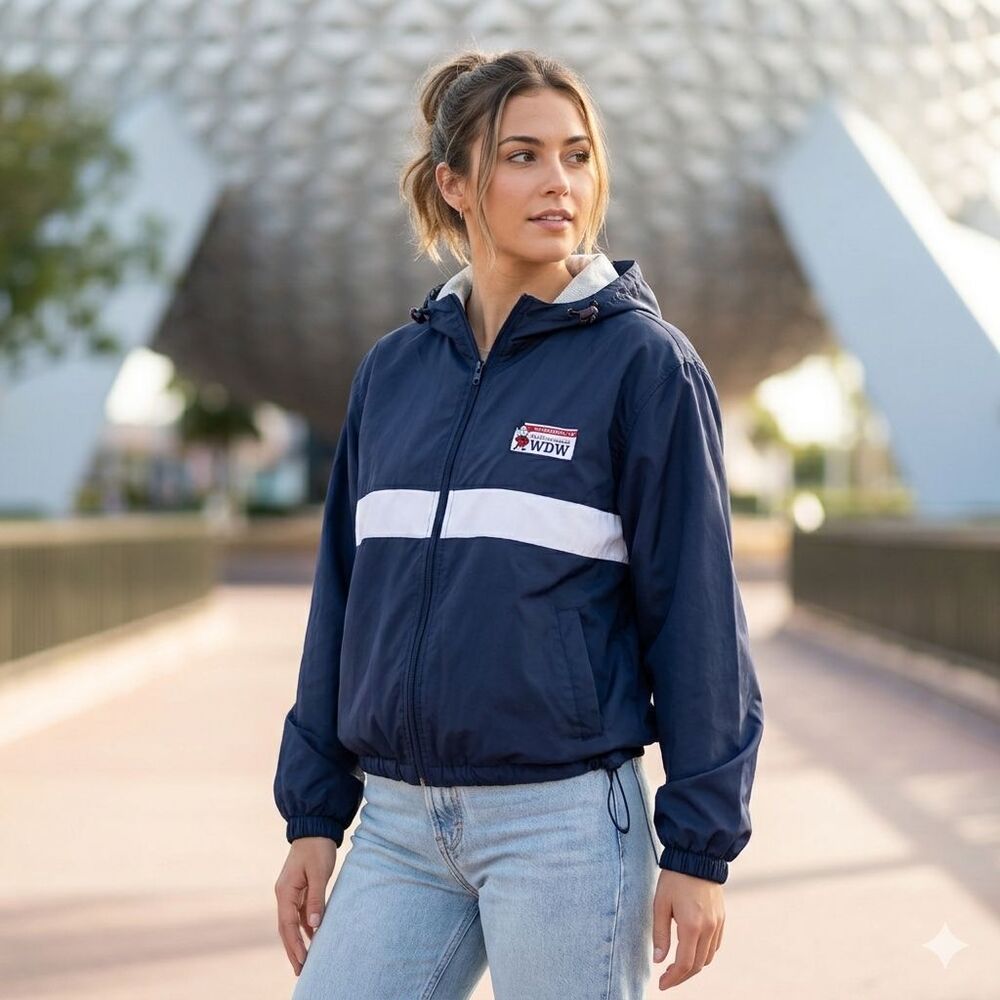 Vintage Walt Disney World Windbreaker Jacket Small Blue Full Zip Hooded Lined